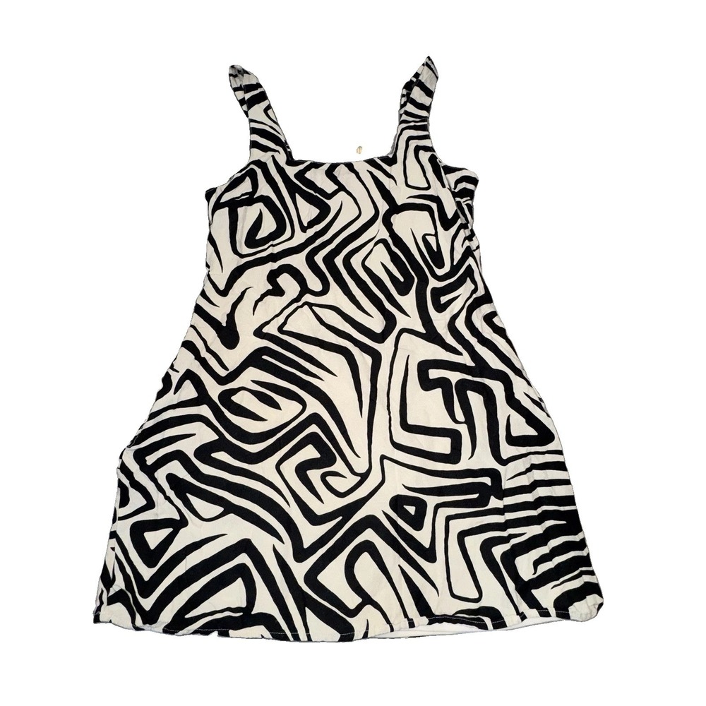Japna Mini Smocked Dress Geometric Striped Zebra Sleeveless Sz XL Linen Blend